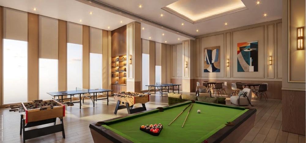 Indoor games room with pool table, foosball and table tennis